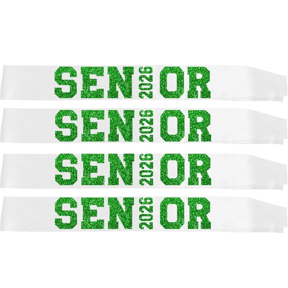 4 piece 2026 Senior Green & white Glitter Sashes High School College Graduation